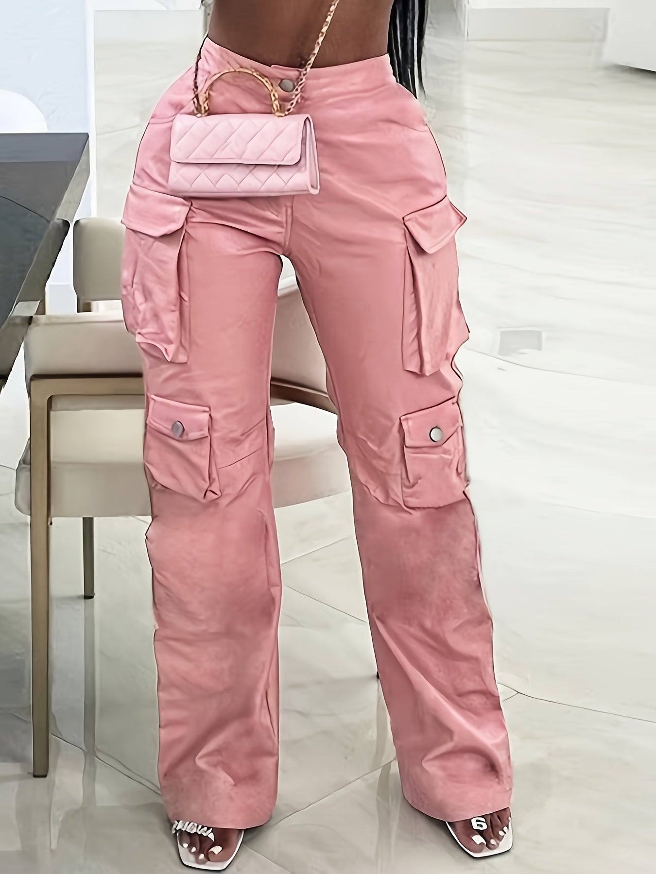 Women's High-Waisted Cargo Pants with Multiple Pockets - Casual Streetwear Trousers, All-Season Machine Washable Solid Color for Urban Fashion & Casual Attire